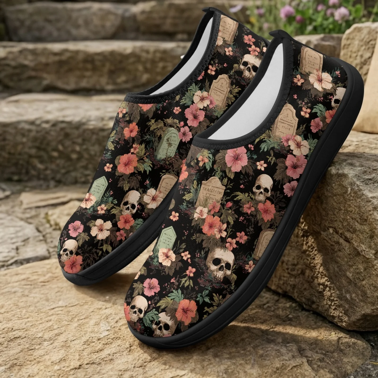 PENSTROLL Gothic Skull Cushioned Sneakers Hiking Shoes for Casual Wide Toe Athletic Sneakers Fall Fashion