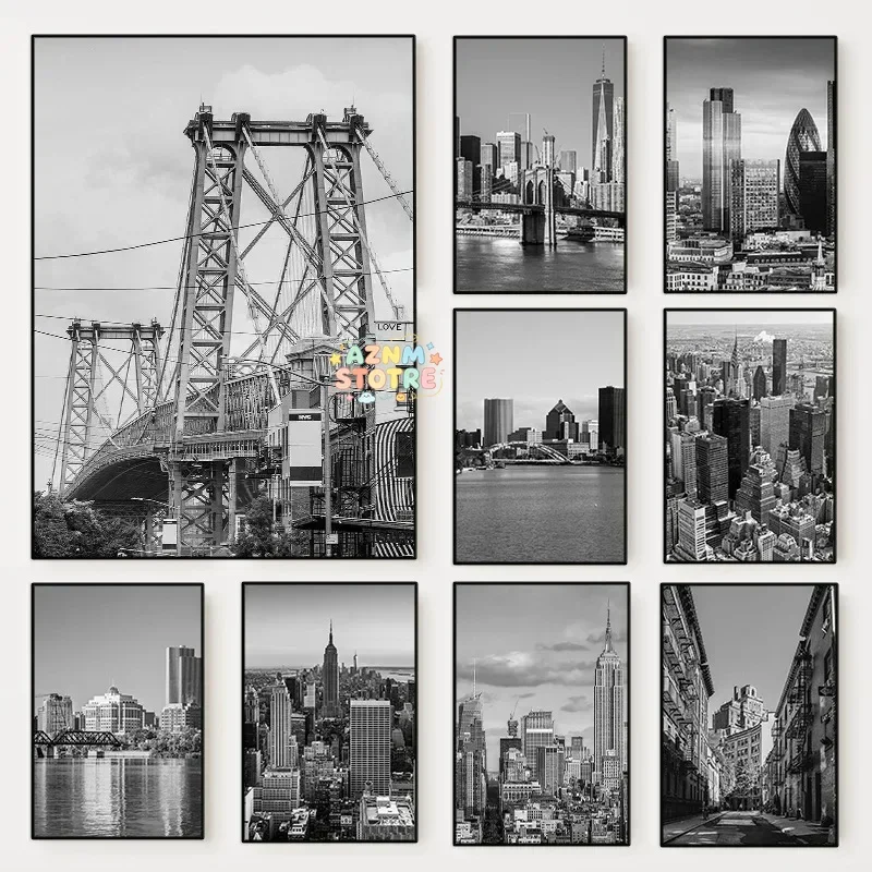 （2D Canvas painting） Black and White New York City Photo Poster New York Map Travel Canvas Painting Wall Art Photography for