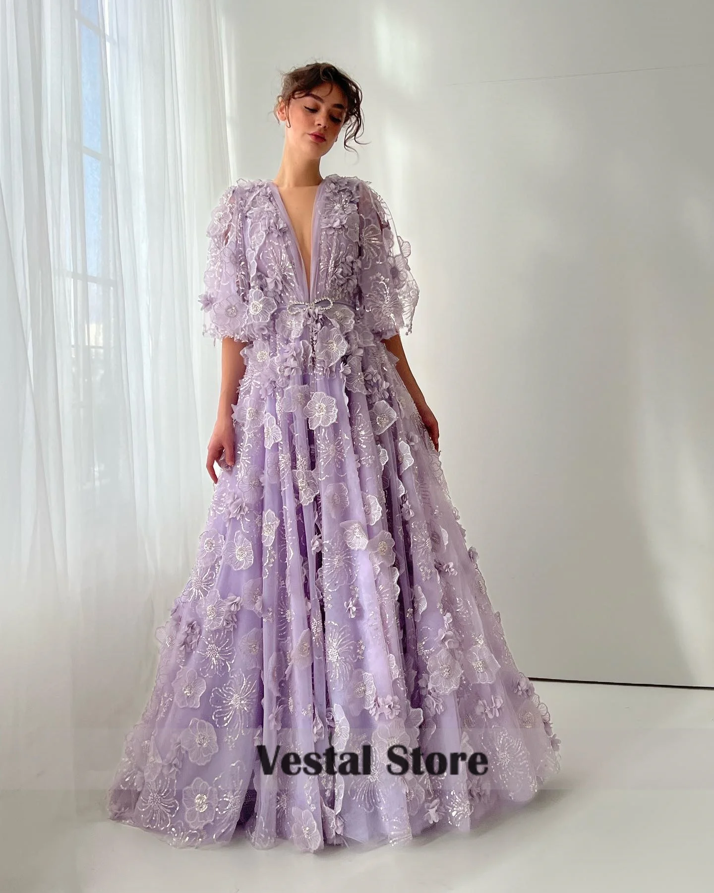

Luxury Lilac A Line Long Evening Gown Deep V Puff Half Sleeve Prom Dress 3D Floral Beaded Tulle Formal Wedding Dress Customized