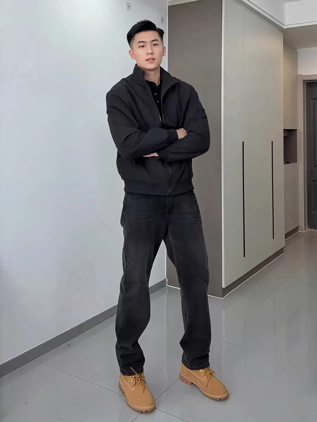 

Washed Black Grey Straight Leg Men's Jeans American High Street Workwear Pants for Autumn Boots Casual Loose Fit Denim