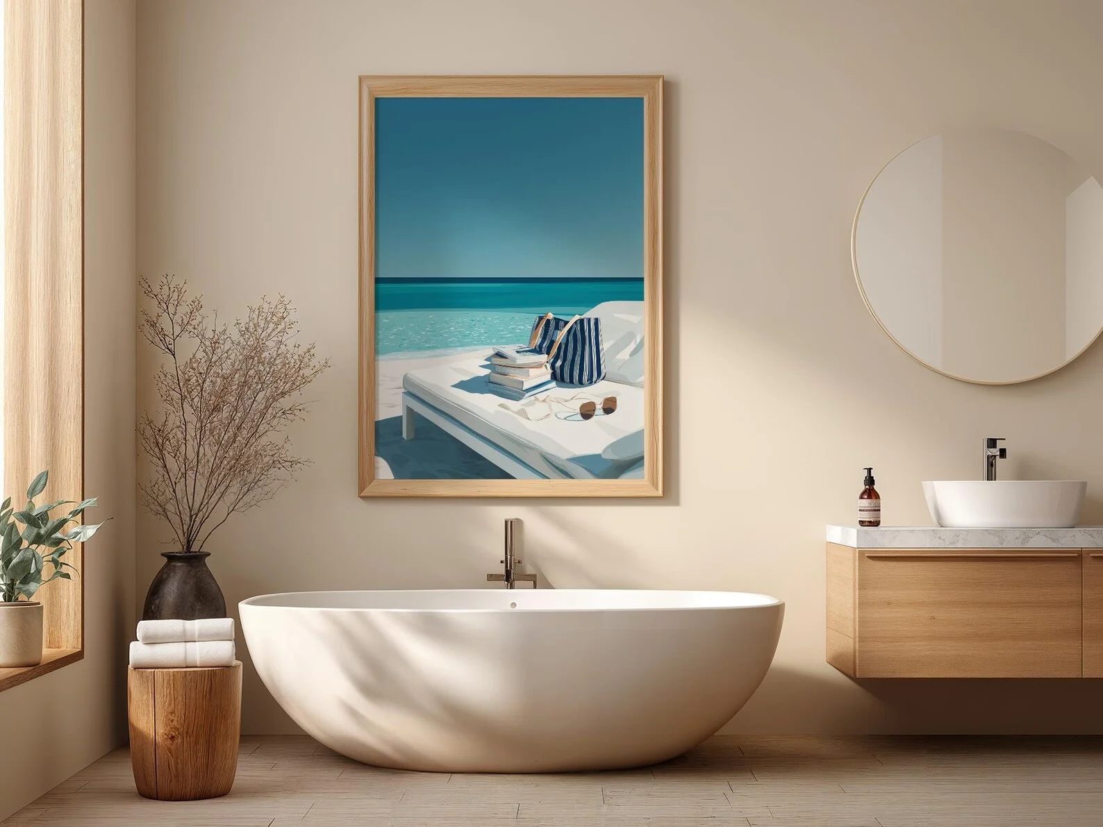 Beach Reading Print - Mediterranean Poster,Canvas Wall Print,High‑Grade Home Decoration Artwork for Bedroom,Living Room,Office &