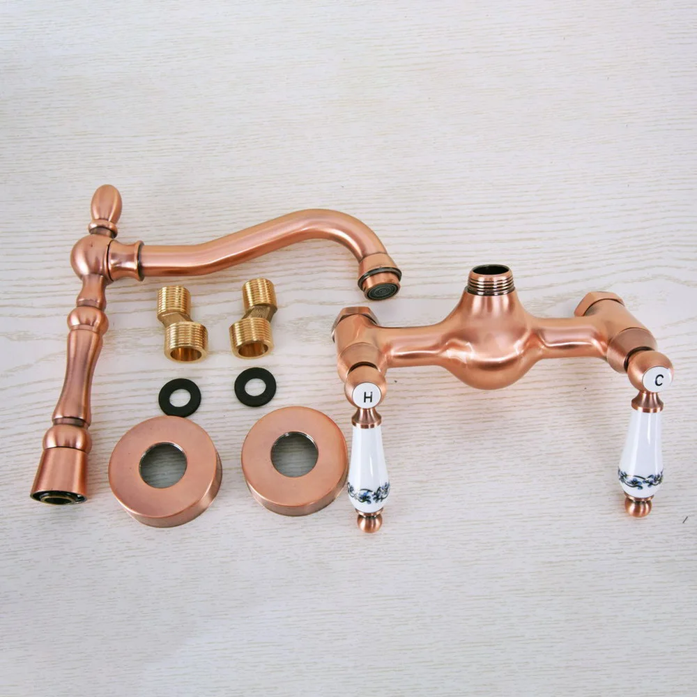Antique Red Copper Brass Bathroom Kitchen Sink Basin Faucet Mixer Tap Swivel Spout Wall Mounted Dual Handles mnf952