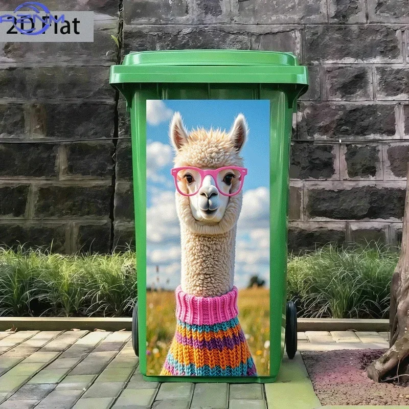Trash Can Sticker Alpaca Wearing Pink Glasses Theme Design Wall Sticker Decorative Wallpaper Self-Adhesive Kitchen Trash Can