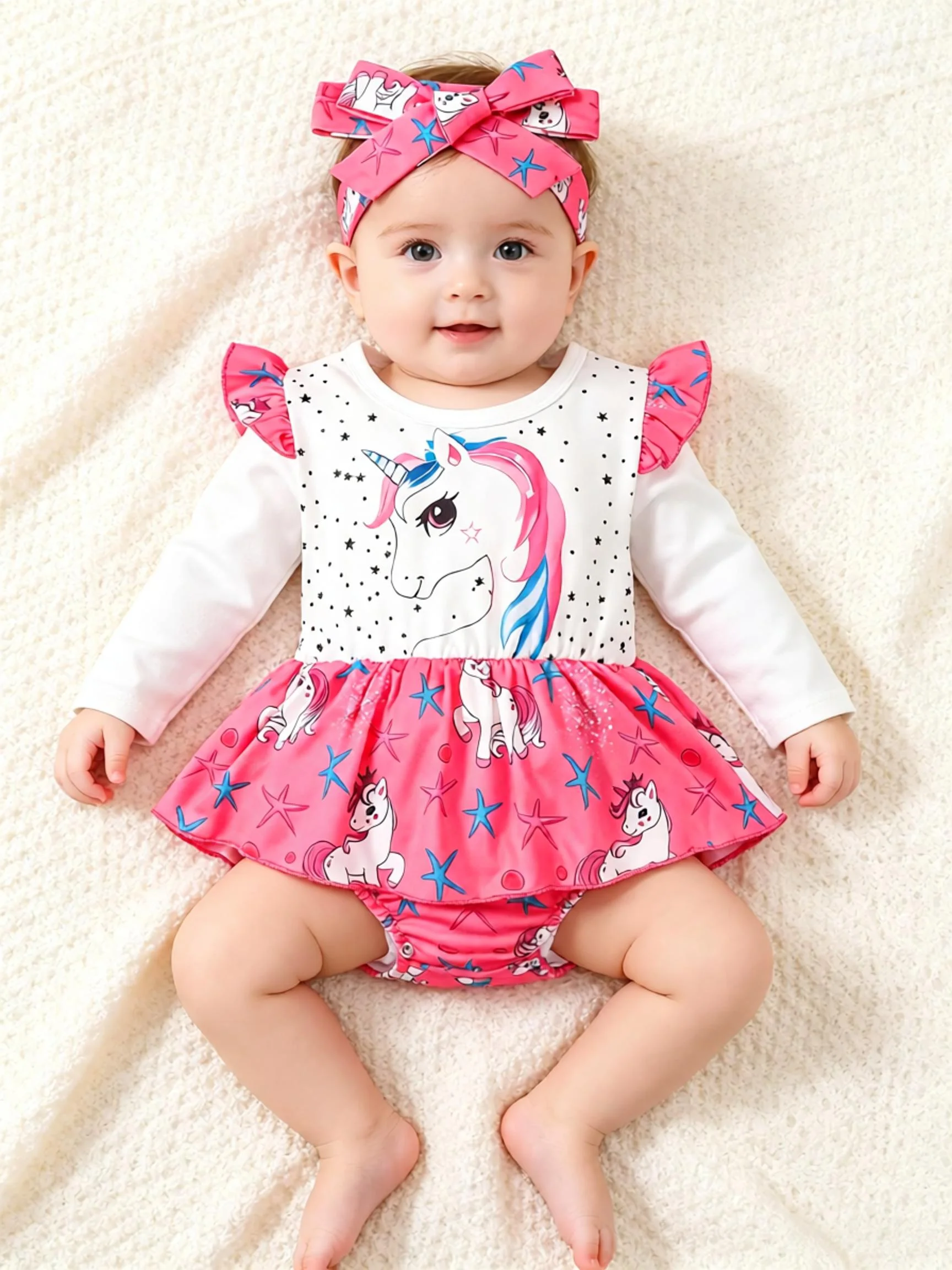 Baby girl baby fashion cute unicorn print long sleeved triangle jumpsuit casual vacation in spring and autumn