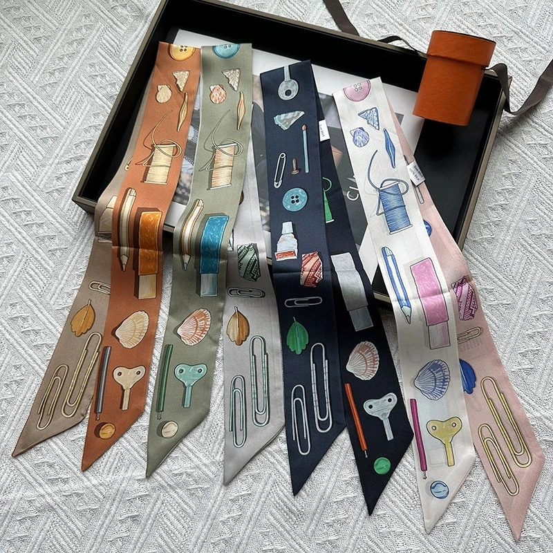 86*5CM 2025 New Design Double-sided 100% Silk Scarf Women Sweet Hair Tie Skinny Bag Scarves Romantic Neckerchief