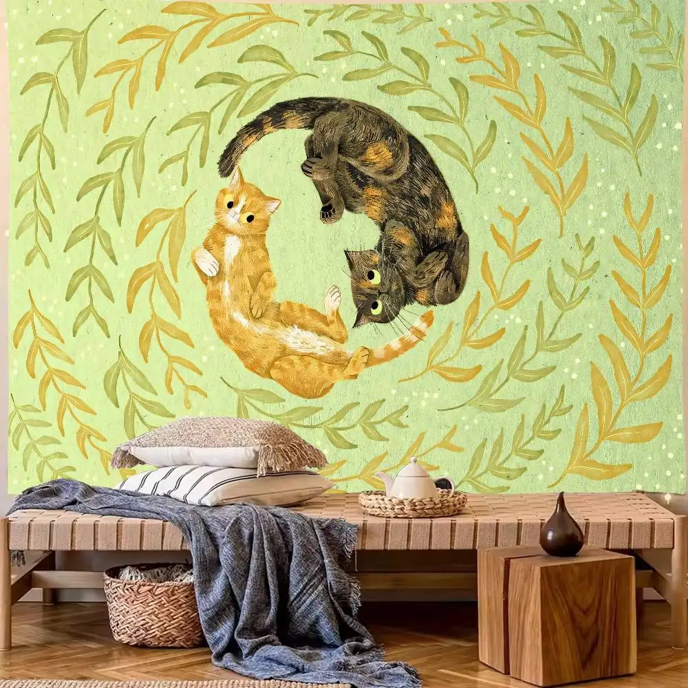 Kawaii Cat Tapestry Wall Hanging Cute Black White Cat Laurel Wreath Pattern Boho Aesthetic Bedroom Living Room Art