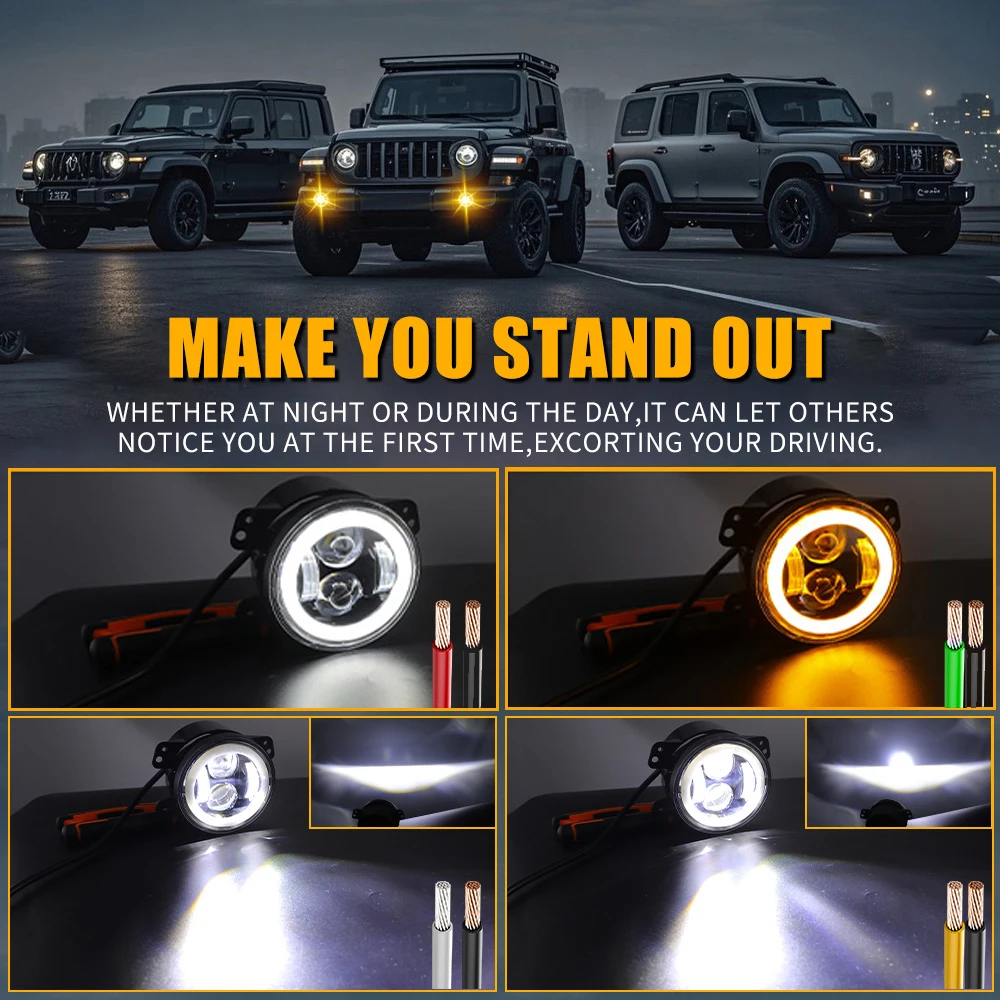 2PCS 4Inch Angel Eyes Led Fog Lights Double Color Round Universal Foglights with DRL Halo Ring Turn Signal for Car Auto Offroad