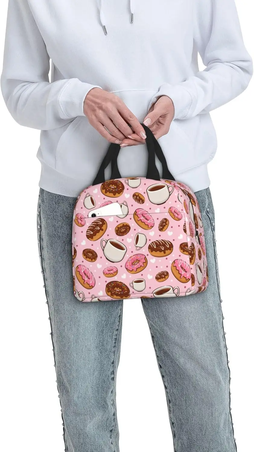 Donut Coffee Lunch Box Lunch Bag Reusable Insulated Lunch Tote Bag Food Handbags for Work Picnic Camping Travel