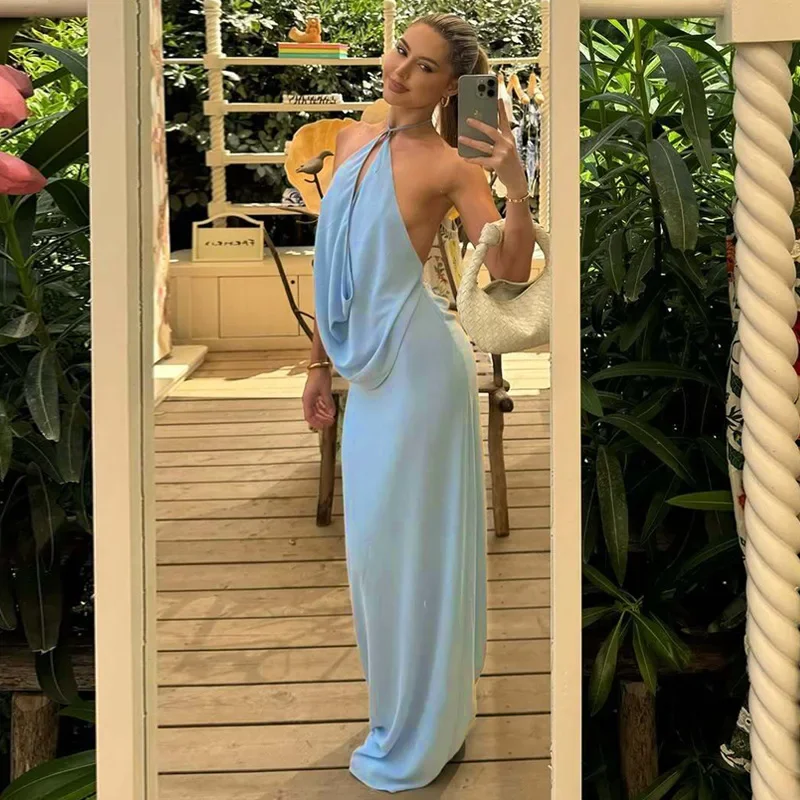 

DINADD Summer Sexy Dress Sets Women Hollow Out Backless Halter Top Slim Skirt Set Fashion Vacation Party Casual Y2k Dress Set