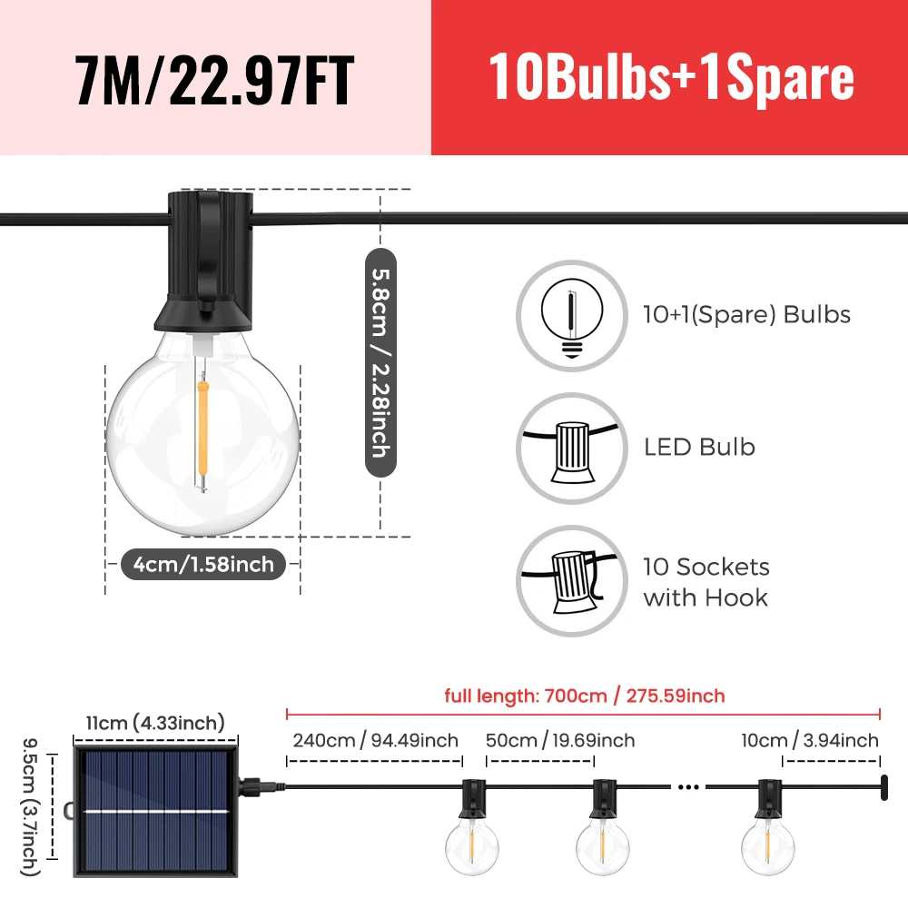 aiopp G40 LED-Solar-Lichterkette in Warmweiß mit Fernbedienung und 8 Blinkmodi – einstellbare Helligkeit, wetterbeständig für Ga 8
