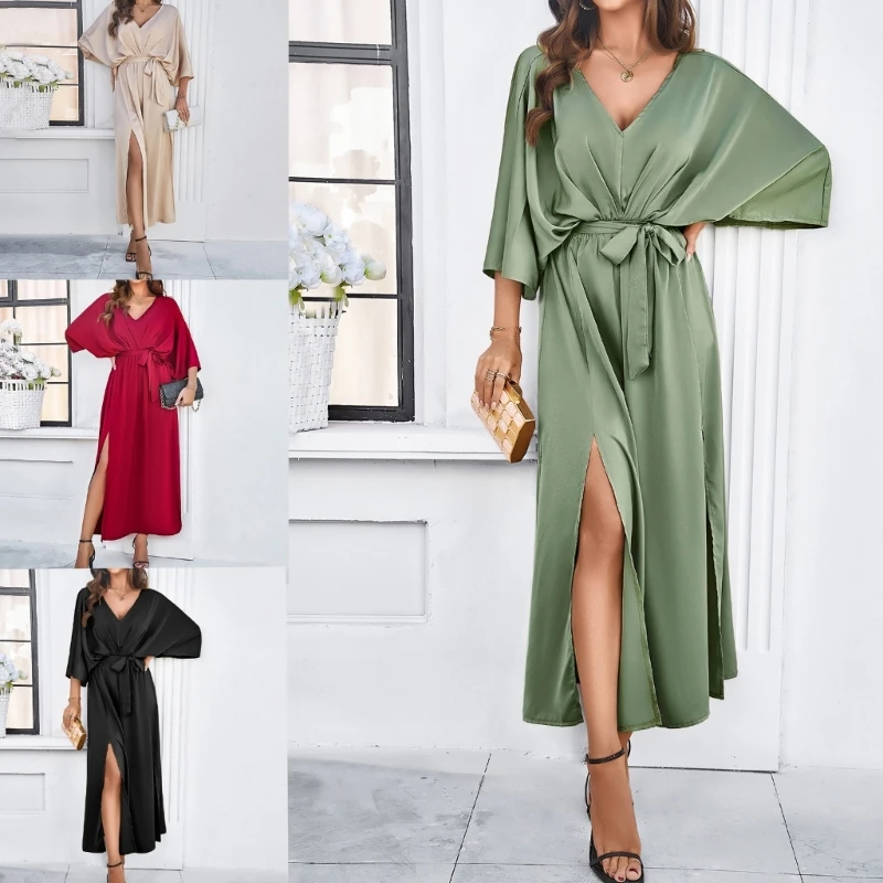 

Women 3/4 Sleeve Belted Satins Loose Long Dress Elegant Solid Color Sexy Backless Side Slit Flared Party Dresses