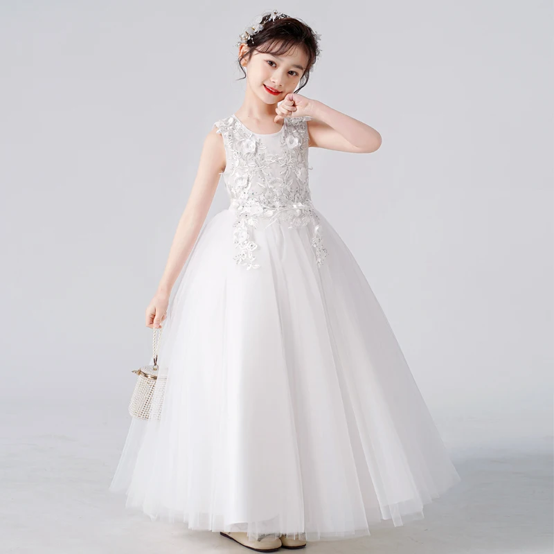 Child Girl Dress Flower Mesh Sleeveless Costume Princess Dress Sweet Tutu Skirt Summer White Green One Piece