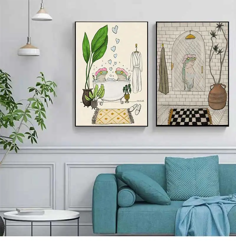 Japanese Style Cartoon Bathing Frog Animals Poster Canvas Wall Art Painting Nordic Picture Living Bathroom Decor