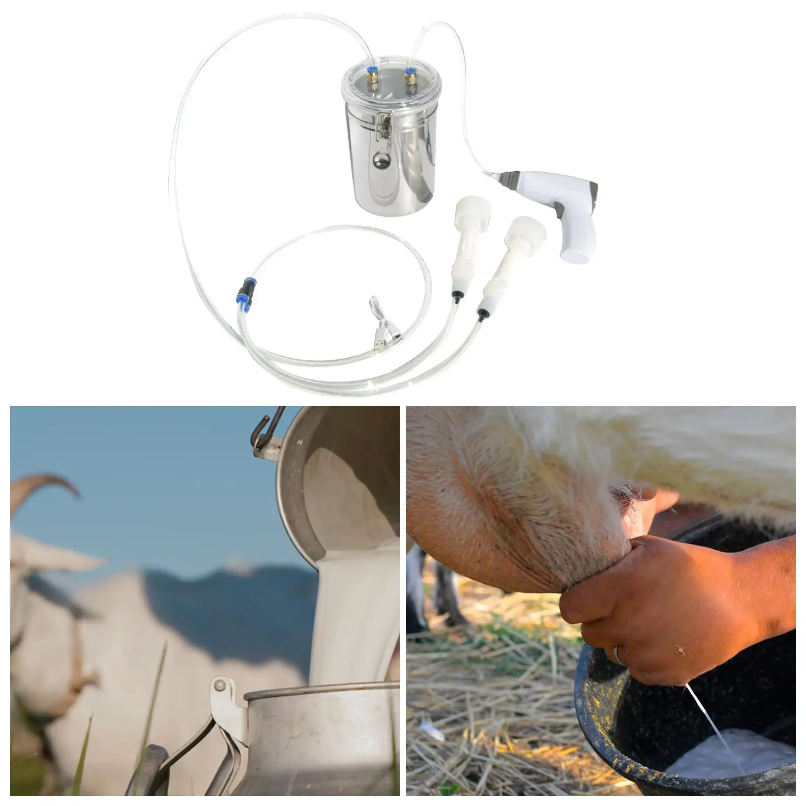 

2L Electric Sheep Milking Machine Kit Accessories Transparent Lid Lightweight Double Head Milker Stainless Steel Bucket Portable