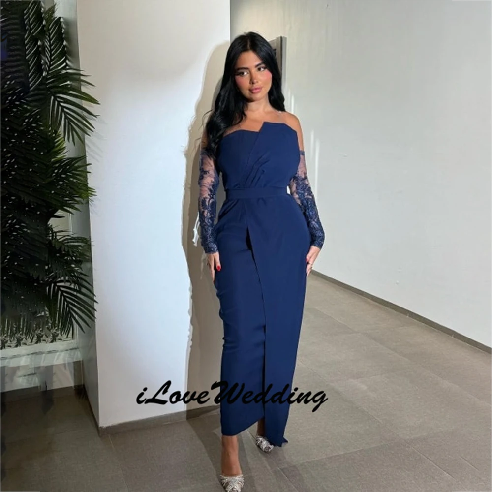 

Customized 2026 Navy Blue Jersey Lace Pleat Strapless Trumpet Midi Dresses Bespoke Occasion Evening Party Gown Elegant Charming
