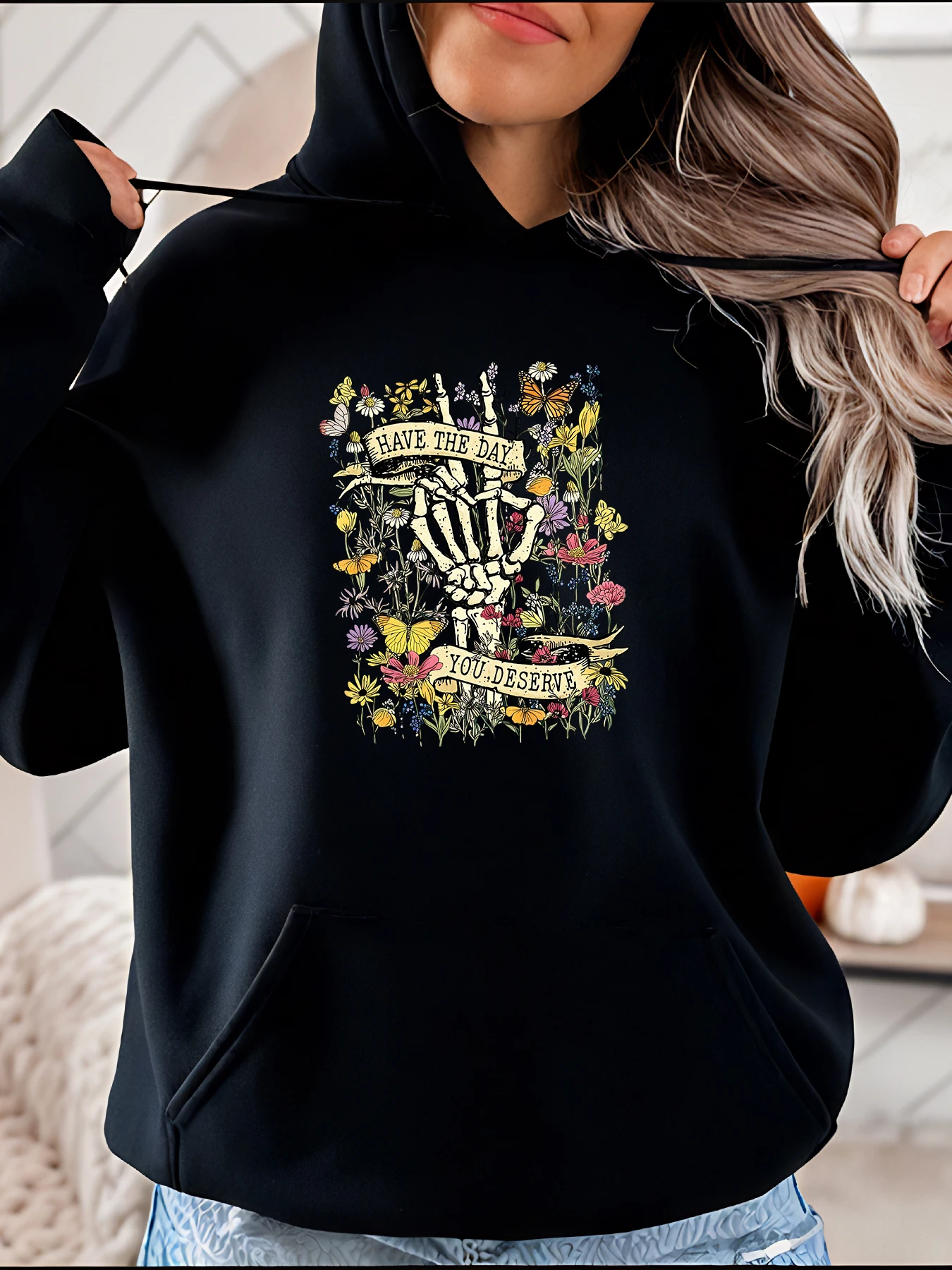Skeleton Hand Floral Hoodie Women's Casual Streetwear Pullover Sweatshirt for Daily Wear and Fashion Statement