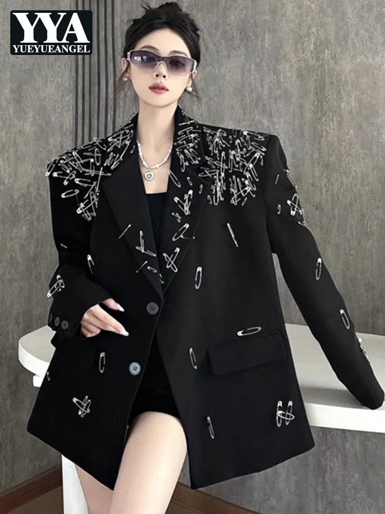 New Autumn Loose Fit Pin Design Womens Blazers Fashion Casual Black Suit Jacket Single Breasted Chic Outerwear Long Sleeve Coats