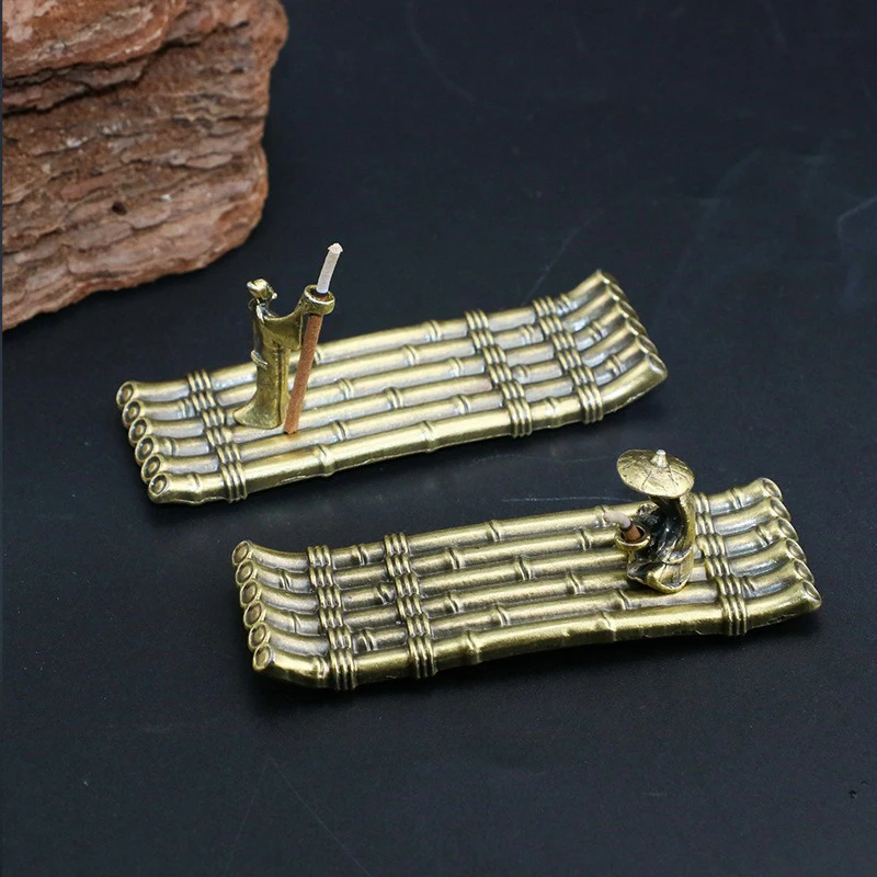 Vintage Bronze Small Incense Burners Ornaments Bamboo Raft Incense Base Incense Stick Holder Stand Tray Ash Catcher Plate