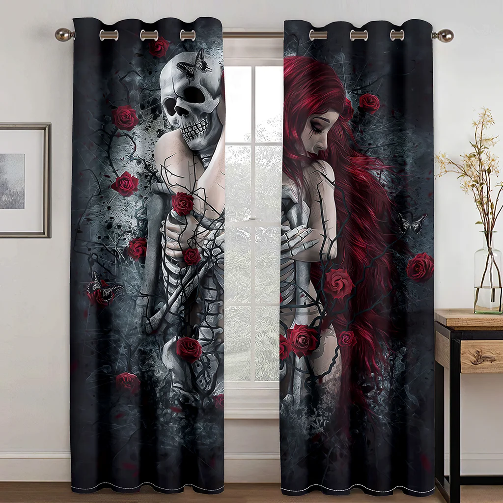 

Scary Throne Skeleton Halloween Skull Shading Window Curtain for Living Room 2Pieces Kids Bedroom Children Bathroom Decor Hooks