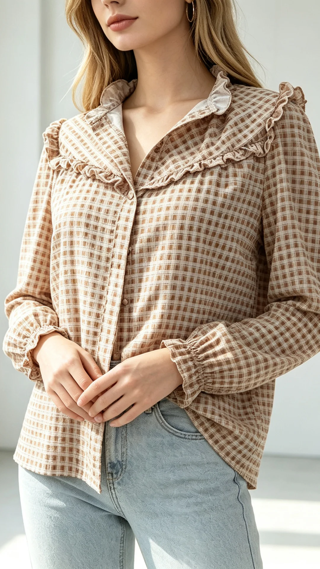 

Women Vintage Plaid Ruffle Blouse Long Sleeve Stand Collar Button Down Casual Shirt Loose Elegant Office Daily Wear Top
