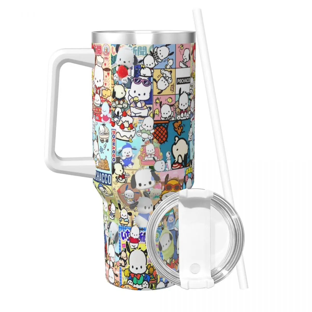 Cute Dog Pochacco Stainless Steel Tumbler Beach Thermal Mug With Straws and Lid Large Mugs Cup Cold and Hot Water Bottle