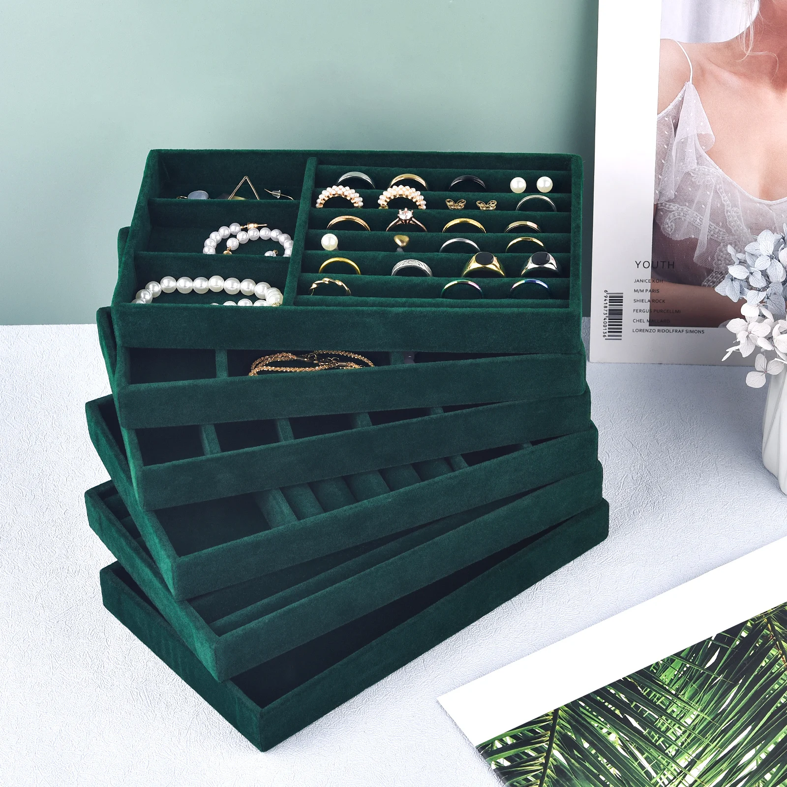منظم المجوهرات السوداء علبة تخزين المجوهرات المخملية عرض حلقة سوار قلادة صندوق تخزين عرض درج منظم الصواني #5