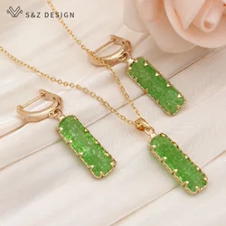 S&Z DESIGN New Fashion Rectangle Ice Crack Crystal Dangle Earrings Jewelry Sets For Women Daily Accessories Pendant Necklace