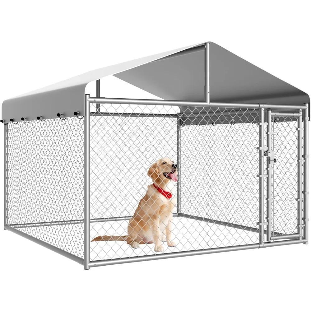 

Dog Kennel Outside with Roof, Large Run Enclosure, Outdoor Heavy Duty Pens House Pet Playpen with Galvanized Chain Link