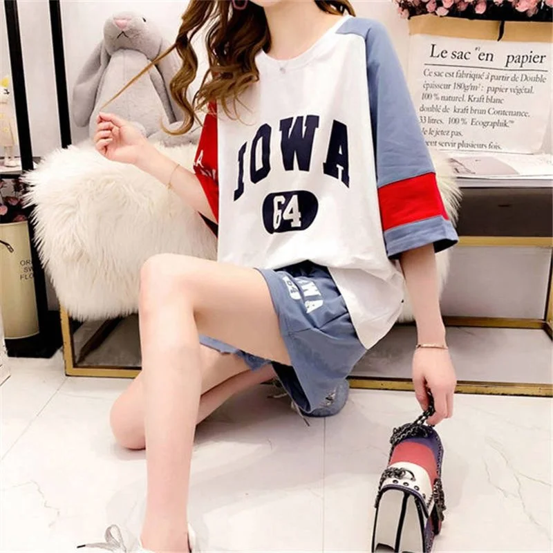 

Women's Short Sleeved Two Piece Set Net Red Sportswear Suit 2024 Summer New Fashion Loose Tops Shorts Outfits For Women Clothing
