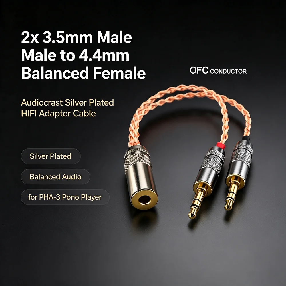 Hi-Fi аудиофильский адаптерный кабель с серебряным покрытием OFC, двойной 3,5 мм штекер на 4,4 мм сбалансированный гнездовой разъем для проигрывателя PHA-3 Pono.