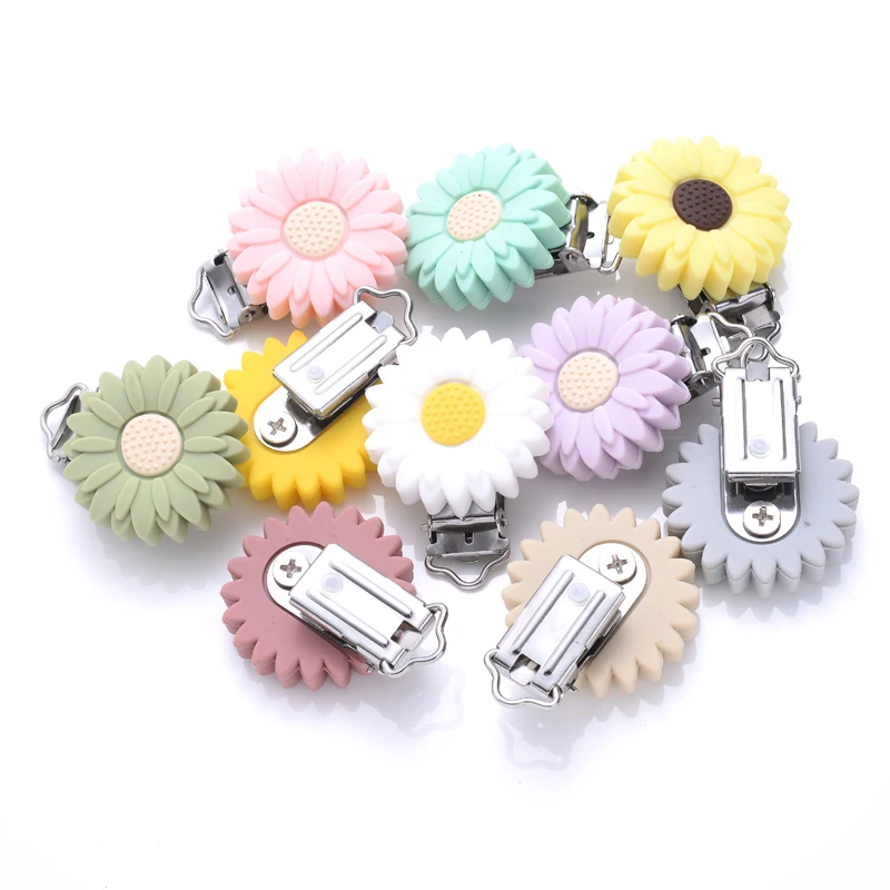 3Pcs Round Flowers Silicone Pacifier Clips Food Grade Silicone DIY Baby Teether Soother Nipple Chain Chew Toy Dummy Clips