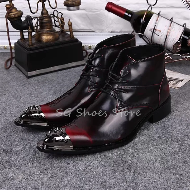 Male Rivet Pointed Toe Catwalk Dress Short Boots Fashion Mixed Color Metal Splicing Leather Shoes Men's Lace-Up Boots