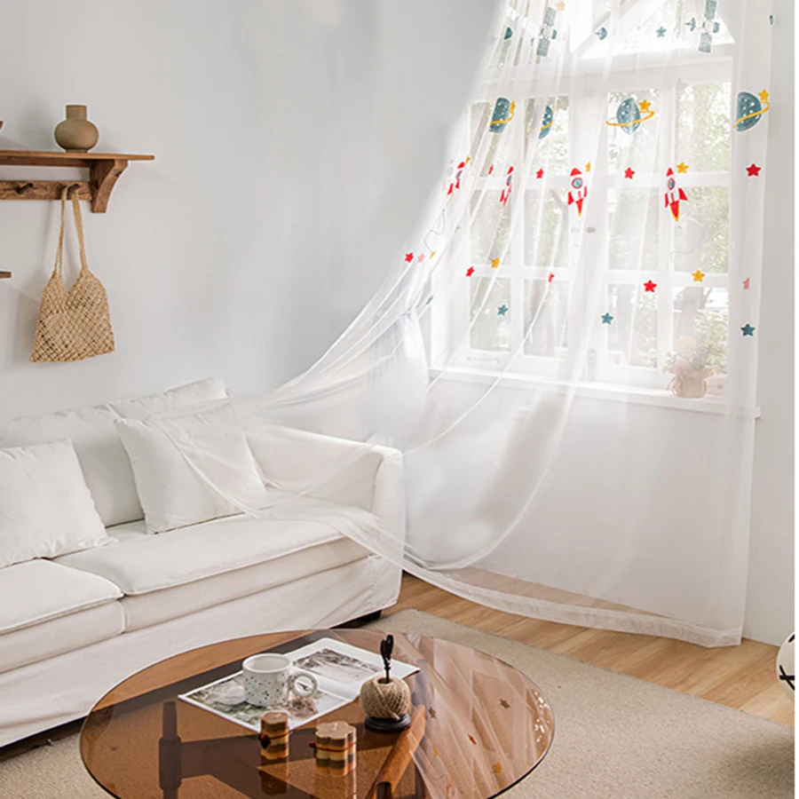 Blue Cartoon Rocket Spaceship Blackout Curtains for Kids Boys Room Nursery Planet Satellite Embroidered Bay Window Tulle Drapes
