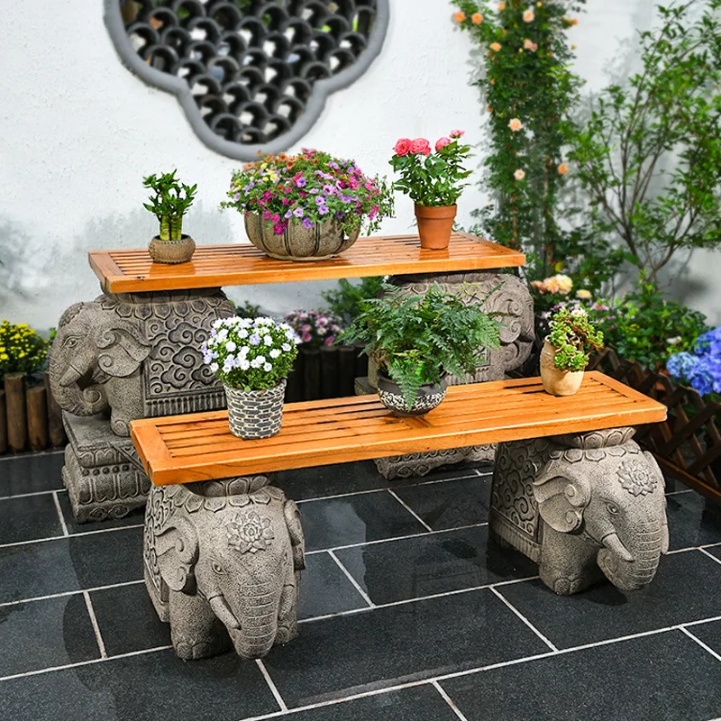 

Outdoor Artificial Stone Pier Ornament Courtyard Garden Arrangement Landscaping Elephant Solid Wood Stand Flower Pot Base