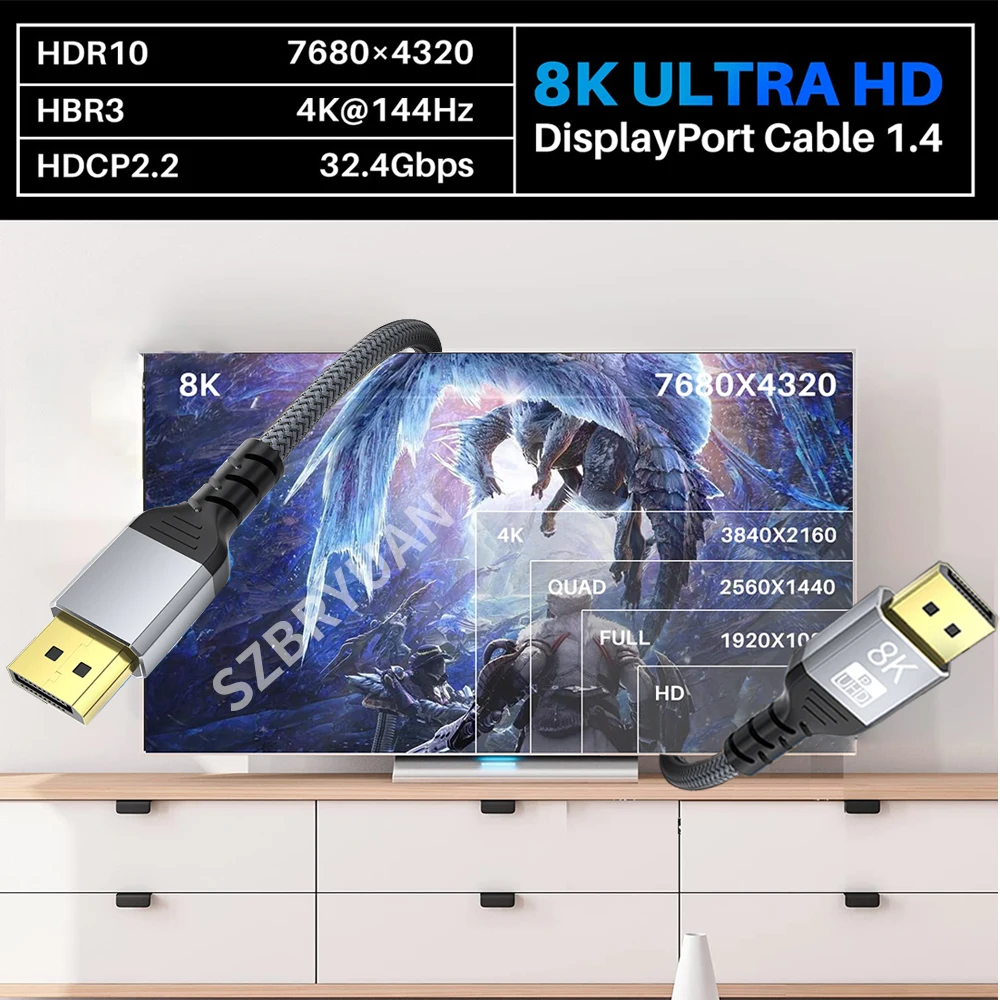 8K Displayport Cable DP1.4 144Hz 165Hz Video Audio Cable For PC Laptop TV Box Projector PS4 Monitor Video Game display port Cord