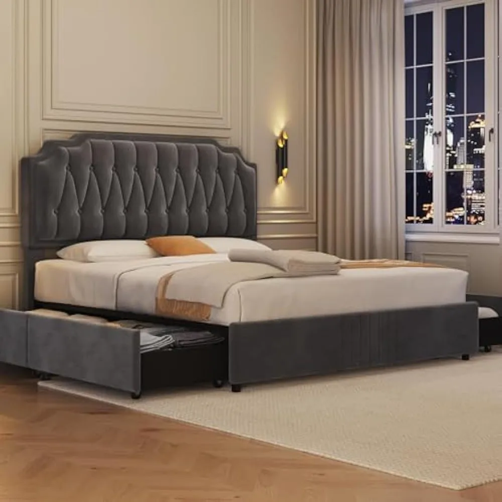 

Queen Size Bed Frame with 4 Storage Drawers, Button-Tufted Headboard, Height Adjustable, Strong Slats, Bed Frame