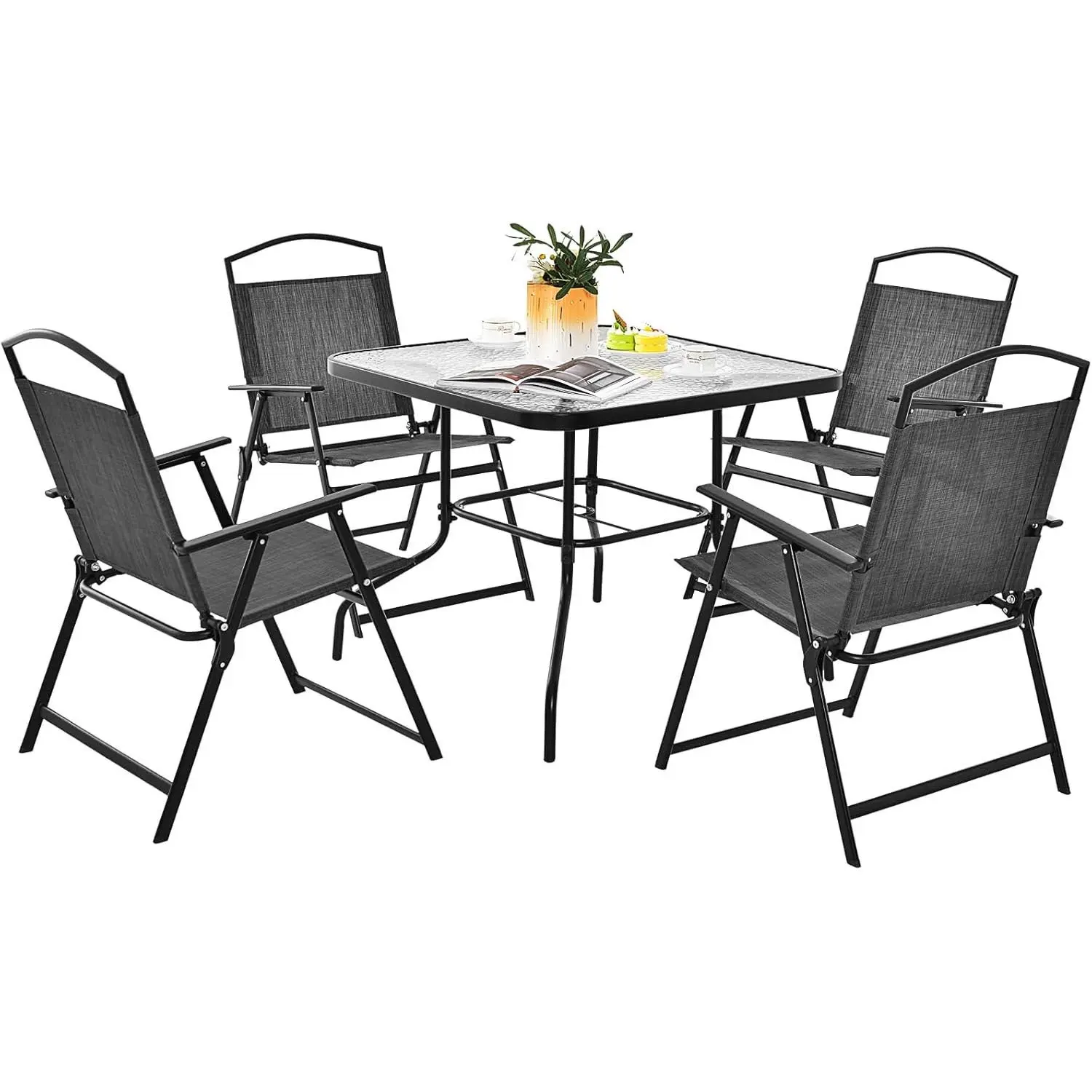 Sillas plegables portátiles con mesa de cristal para jardín, sillas con orificio para sombrilla, para terraza y piscina, 4 unidades