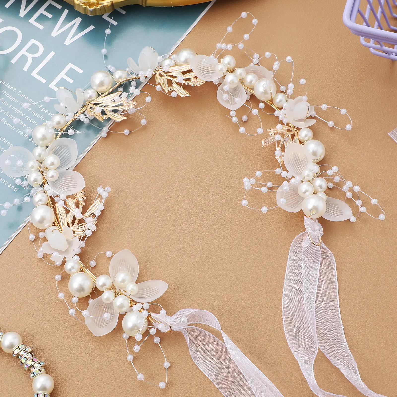 

Flower Pearl Headband Pearl Hairband Ribbon Hairband Fairy Wedding Hair Vine Wedding Headpiece Bride Headpiece
