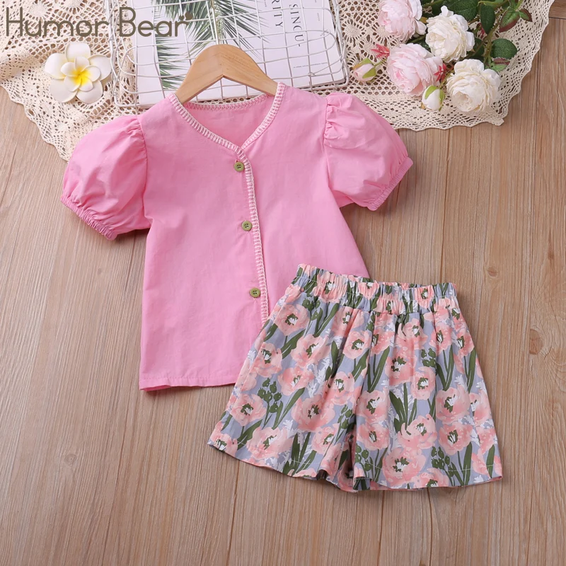 

Humor Bear Girls Clothing Set Summer New Puff Sleeves + Floral Pants 2PCS Outfits Casual Childrens Wear