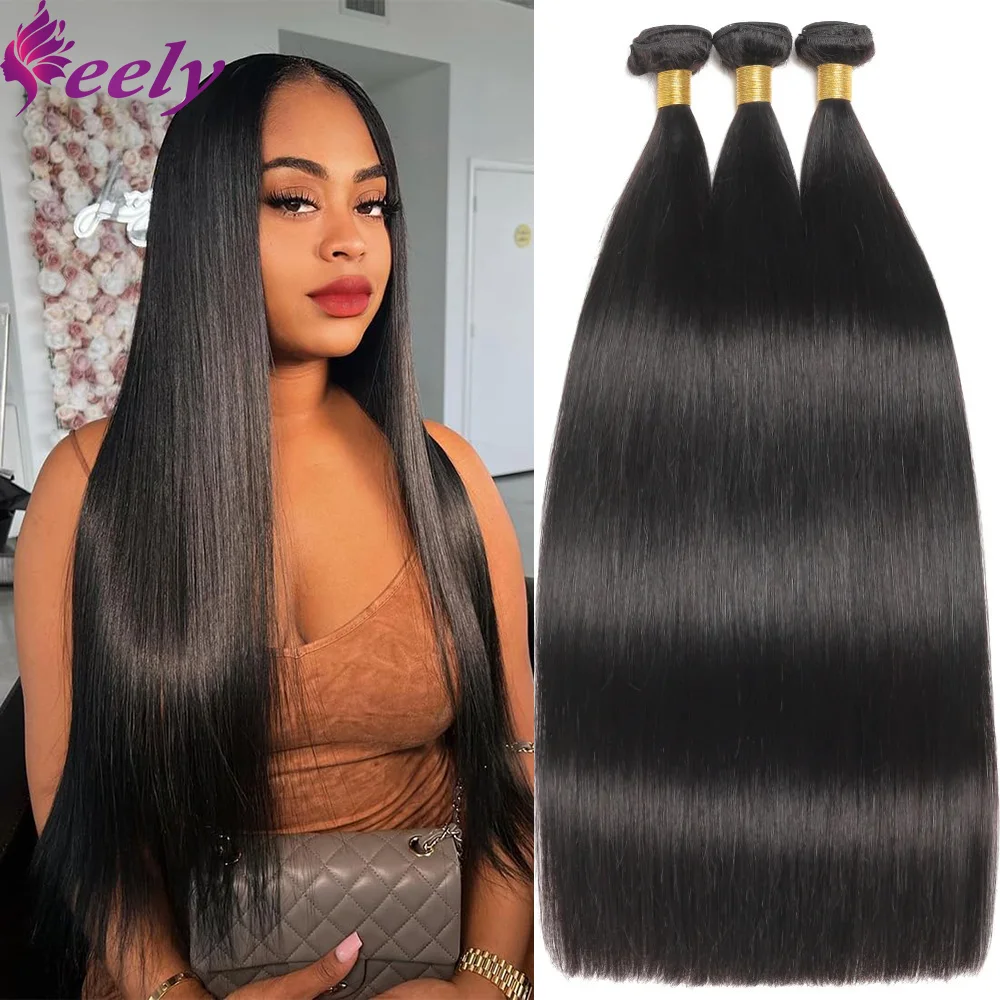 Human Hair Bundles Long Straight Unprocessed Brazilian Virgin Human Hair Weave Extensions 20 22 24 Inches Natural Black Color 1B