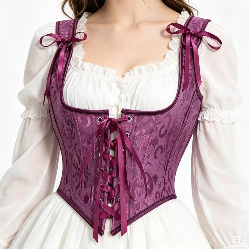 

Women's Purple Jacquard Shoulder Straps Lace Up Boned Underbust Corset Vest Gothic Victorian Bustier Crop Top Slimming Corselet