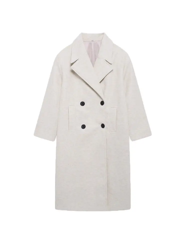 Women\'s Double Breasted Loose Woolen Coat, Lapel Collar, Long Sleeve, Female Outerwear, Chic Overcoat, Fashion
