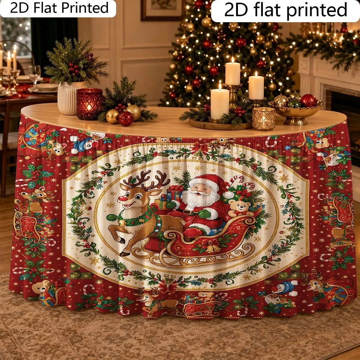 Table skirt 1 piece 2D flat Santa Claus sleigh reindeer printed high-quality durable polyester fabric