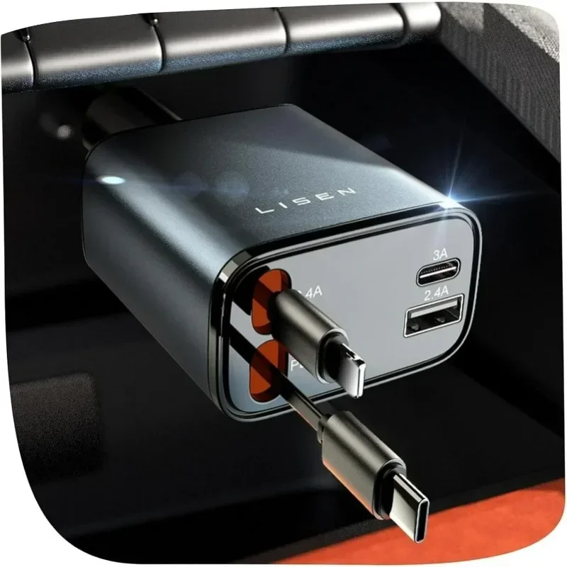 

Retractable Car Charger Car Charger Adaptor 120W Fast Charge USB Type C Fast Charger Cable with Retractable Cords QC Adapter
