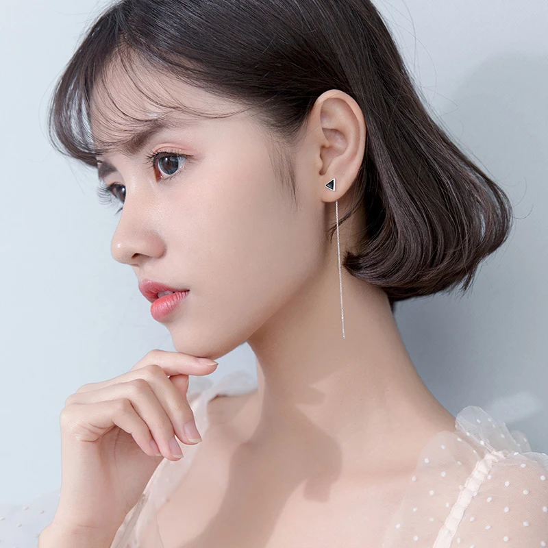 Modian Long Chain Tassel Enamel Triangle Dangle Earrings For Women Real 925 Sterling Silver Fashion Drop Ear Elegant Jewelry