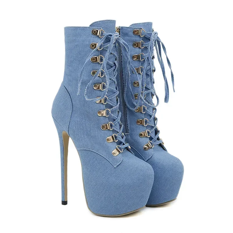 TheNewSexy Cross Lace Up Platform Boots For Women Blue Denim Round Toe Zip Party Club Pole Dance Super High Heels Stiletto Shoes