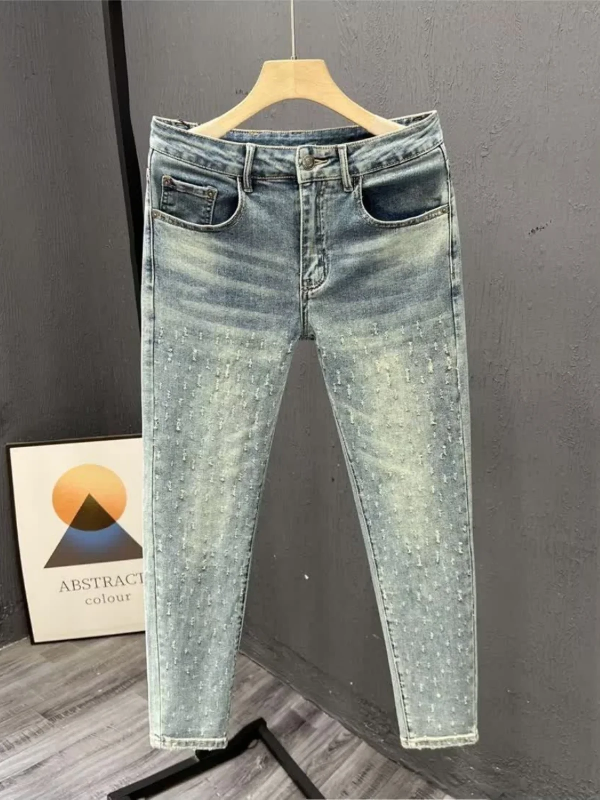 Calça jeans masculina retrô azul da, elástica, slim fit, nove décimos, tendência de verão, casual, calças cridas, jean...