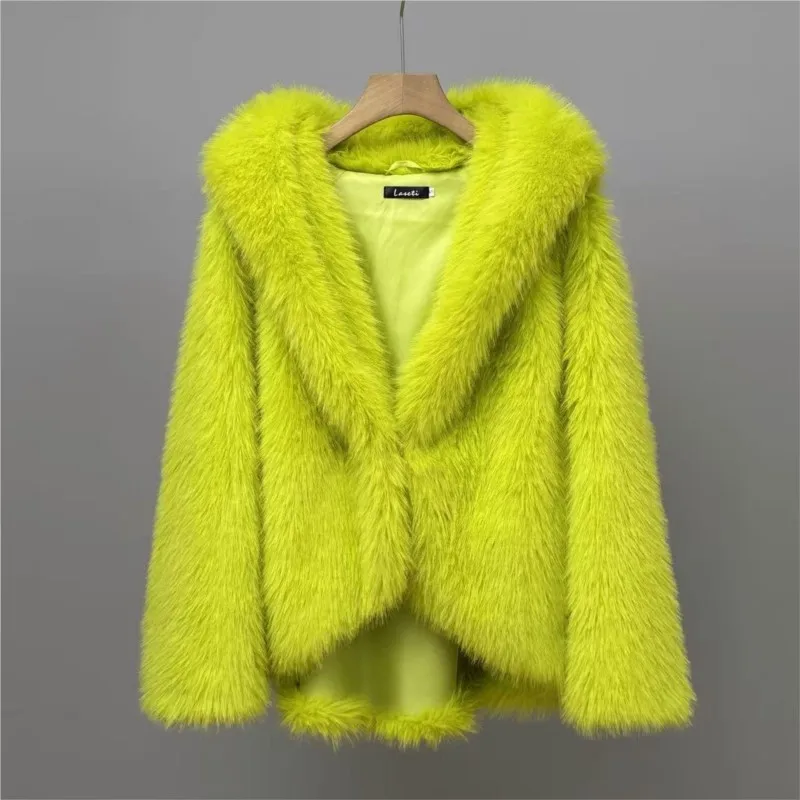 

2025 Women's Korean Style Faux Fur Jacket Hooded Faux Fox Fur Outerwear High-End Fluffy Plush Coat Warm Snuggly Furry Jacket