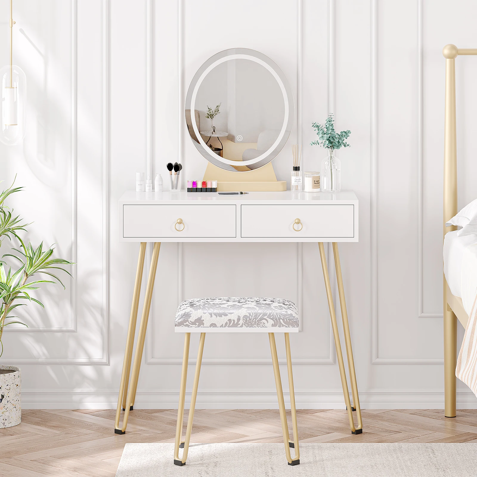 Vanity Desk with Lighted Mirror, Vanity Set with Soft Cushioned Stool