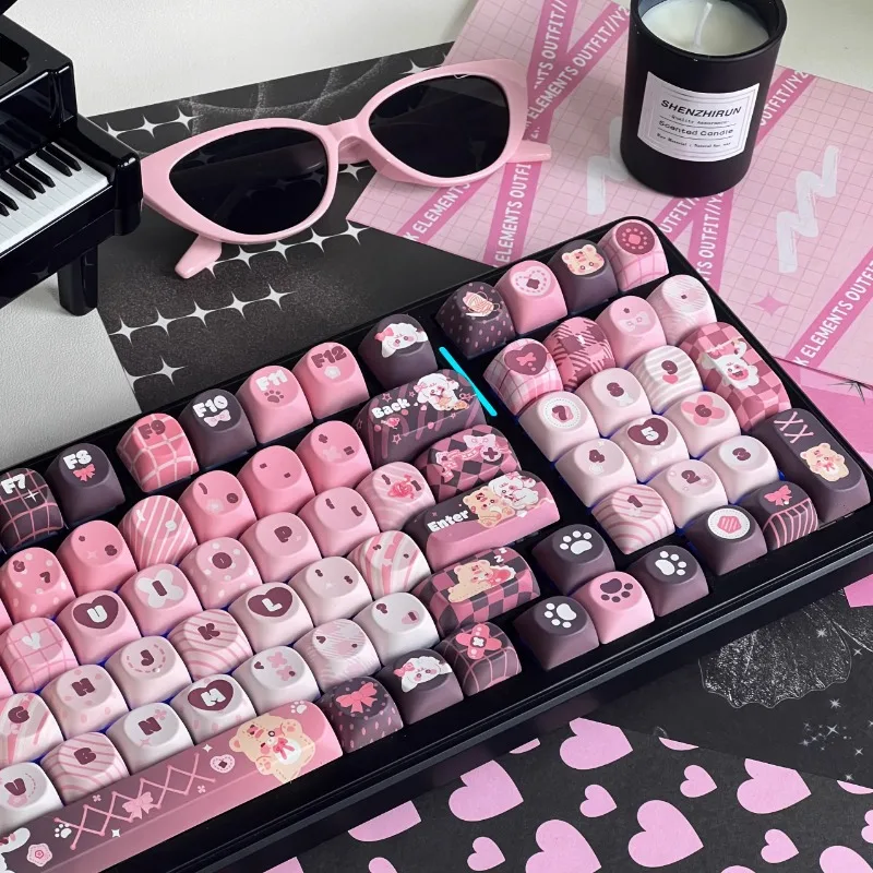 Doll World Theme Hand-Drawn Style Keycaps, Black Pink Mixed PBT, SOA/MOA Profile, Cute Mechanical Keyboard Personalized Decor